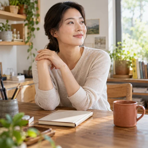 공책이 놓인 탁자 앞에서 손목 부근에 손을 댄 성인 장면을 표현한 AI 생성 예시 · 반복 동작의 구간 나누기 안내