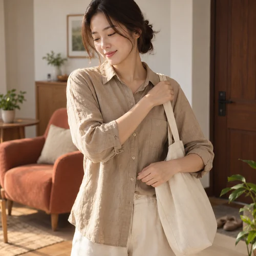 가방끈을 잡은 채 서 있는 성인 장면을 표현한 AI 생성 예시 · 물건 들기와 허리 메모 안내